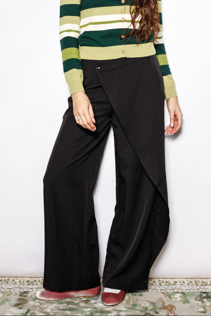 Black Wool Asymmetric Wide Leg Pants