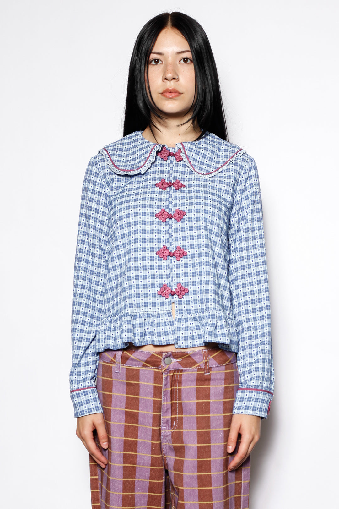 Cotton Blue Check Peter Pan Collar Frog Closure Shirt