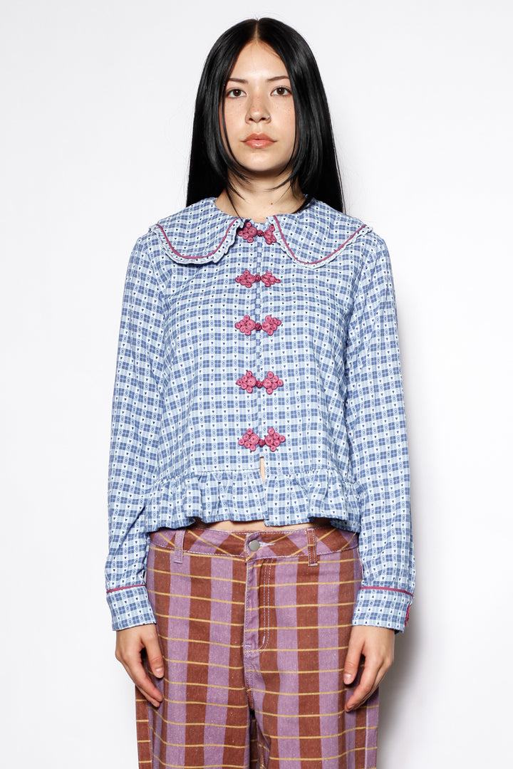 Cotton Blue Check Peter Pan Collar Frog Closure Shirt