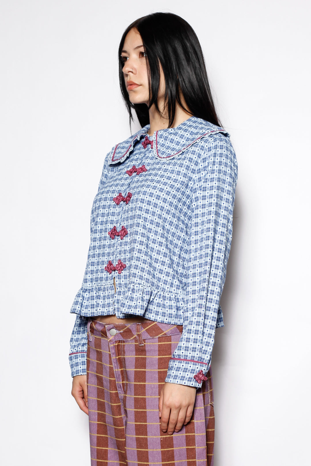 Cotton Blue Check Peter Pan Collar Frog Closure Shirt