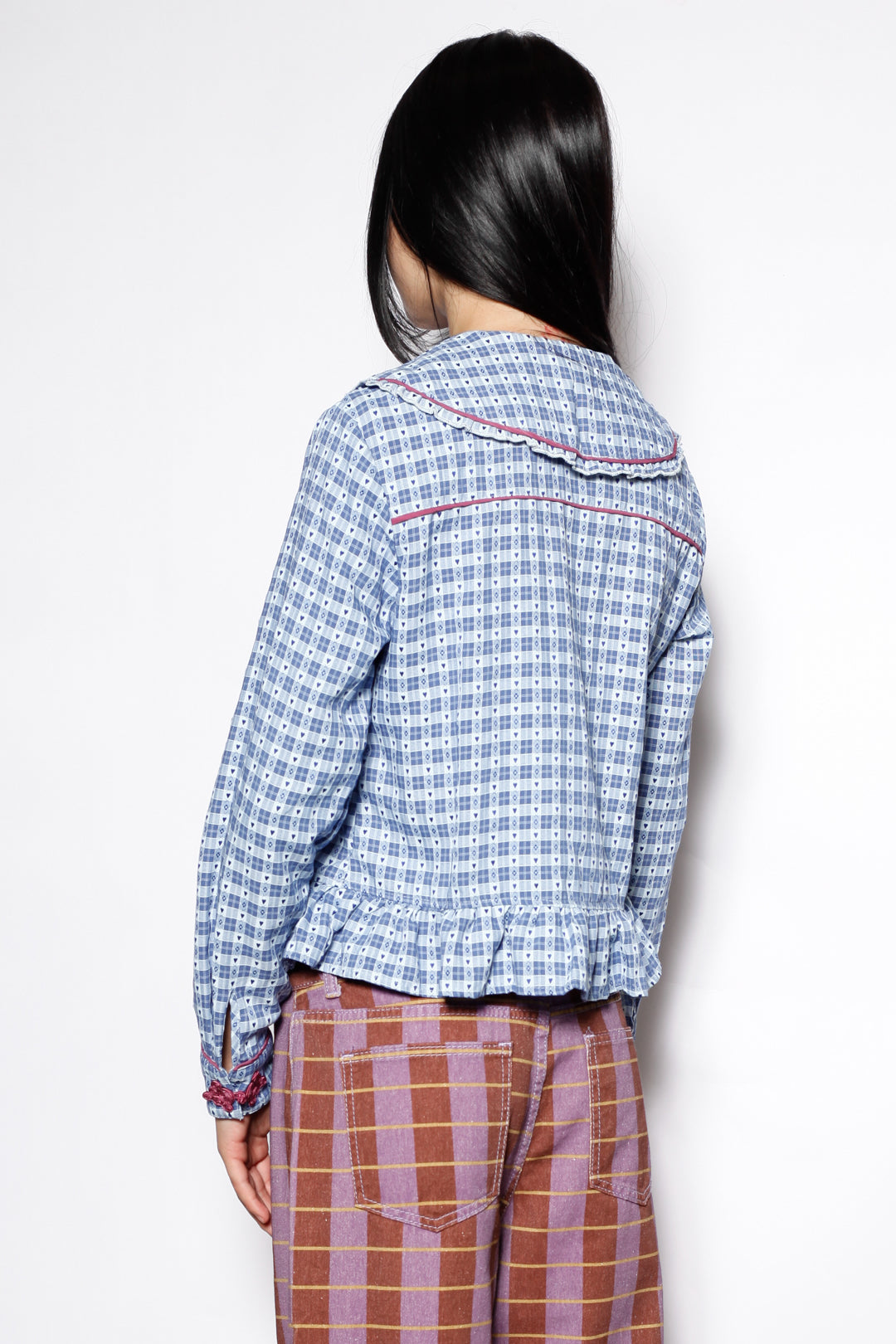 Cotton Blue Check Peter Pan Collar Frog Closure Shirt