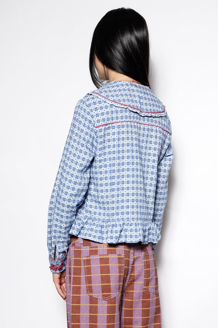 Cotton Blue Check Peter Pan Collar Frog Closure Shirt