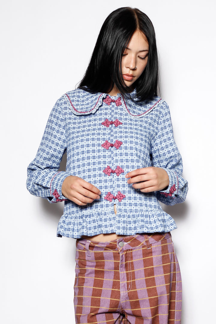 Cotton Blue Check Peter Pan Collar Frog Closure Shirt