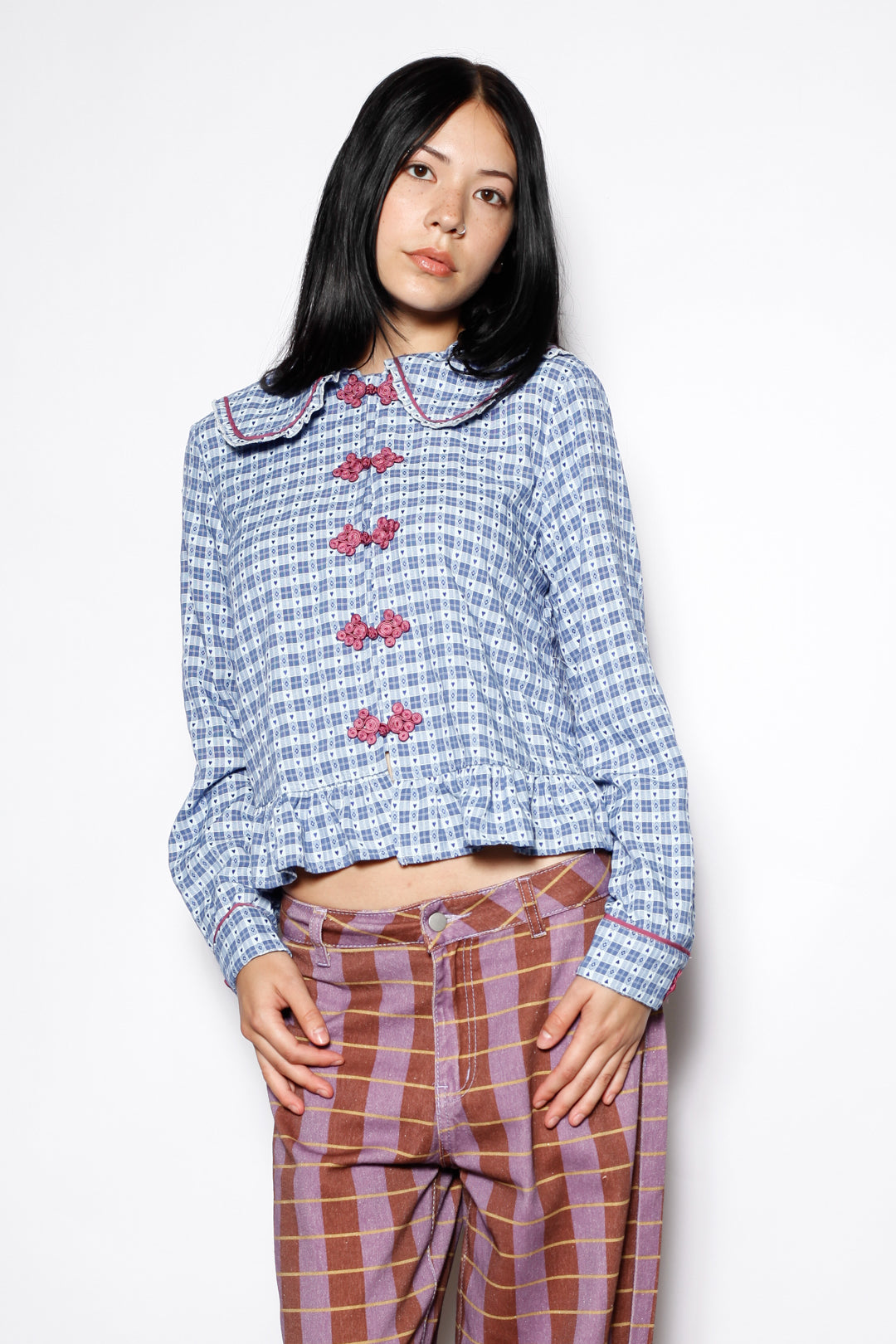 Cotton Blue Check Peter Pan Collar Frog Closure Shirt
