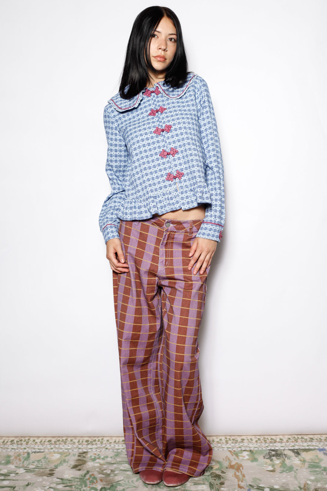 Cotton Blue Check Peter Pan Collar Frog Closure Shirt