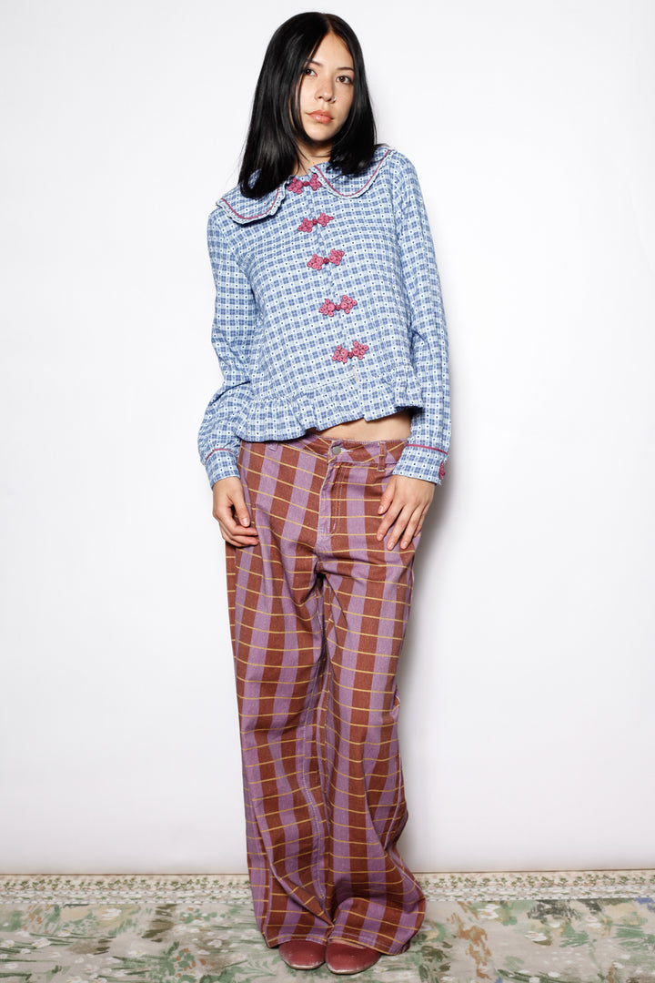 Cotton Blue Check Peter Pan Collar Frog Closure Shirt