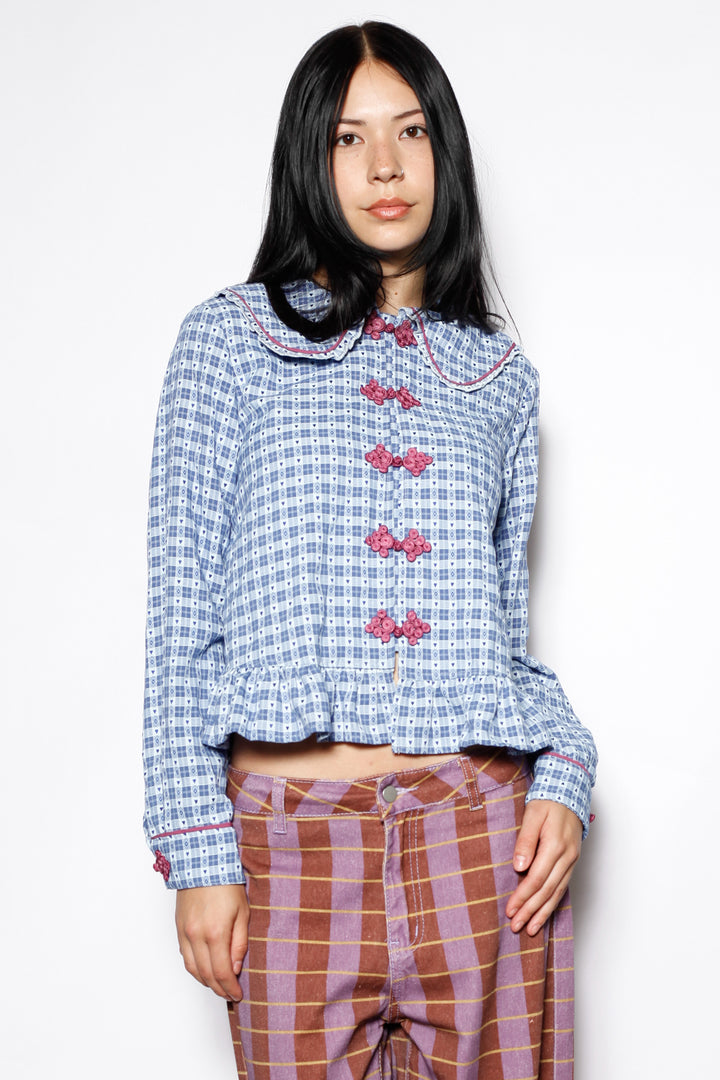 Cotton Blue Check Peter Pan Collar Frog Closure Shirt