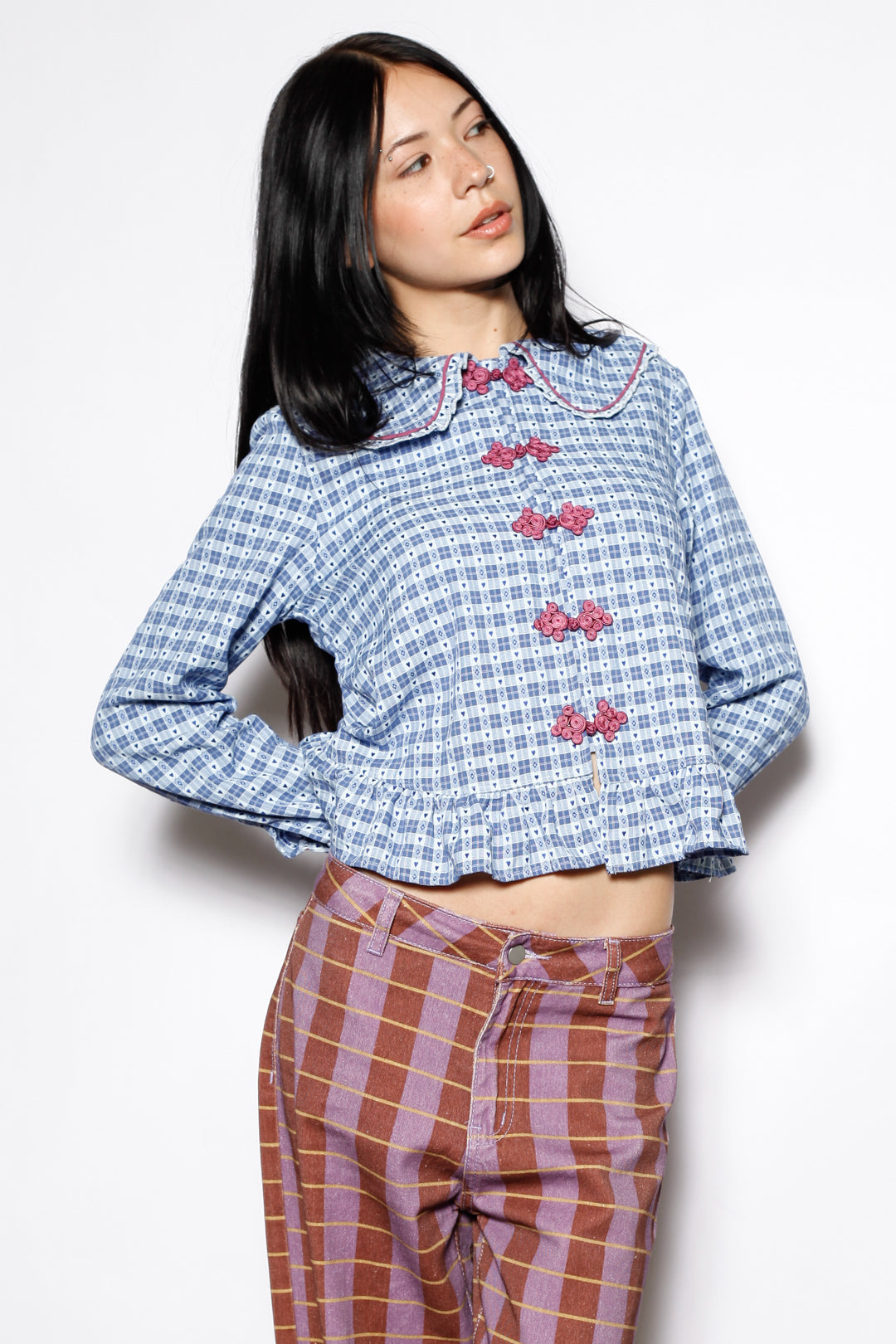 Cotton Blue Check Peter Pan Collar Frog Closure Shirt