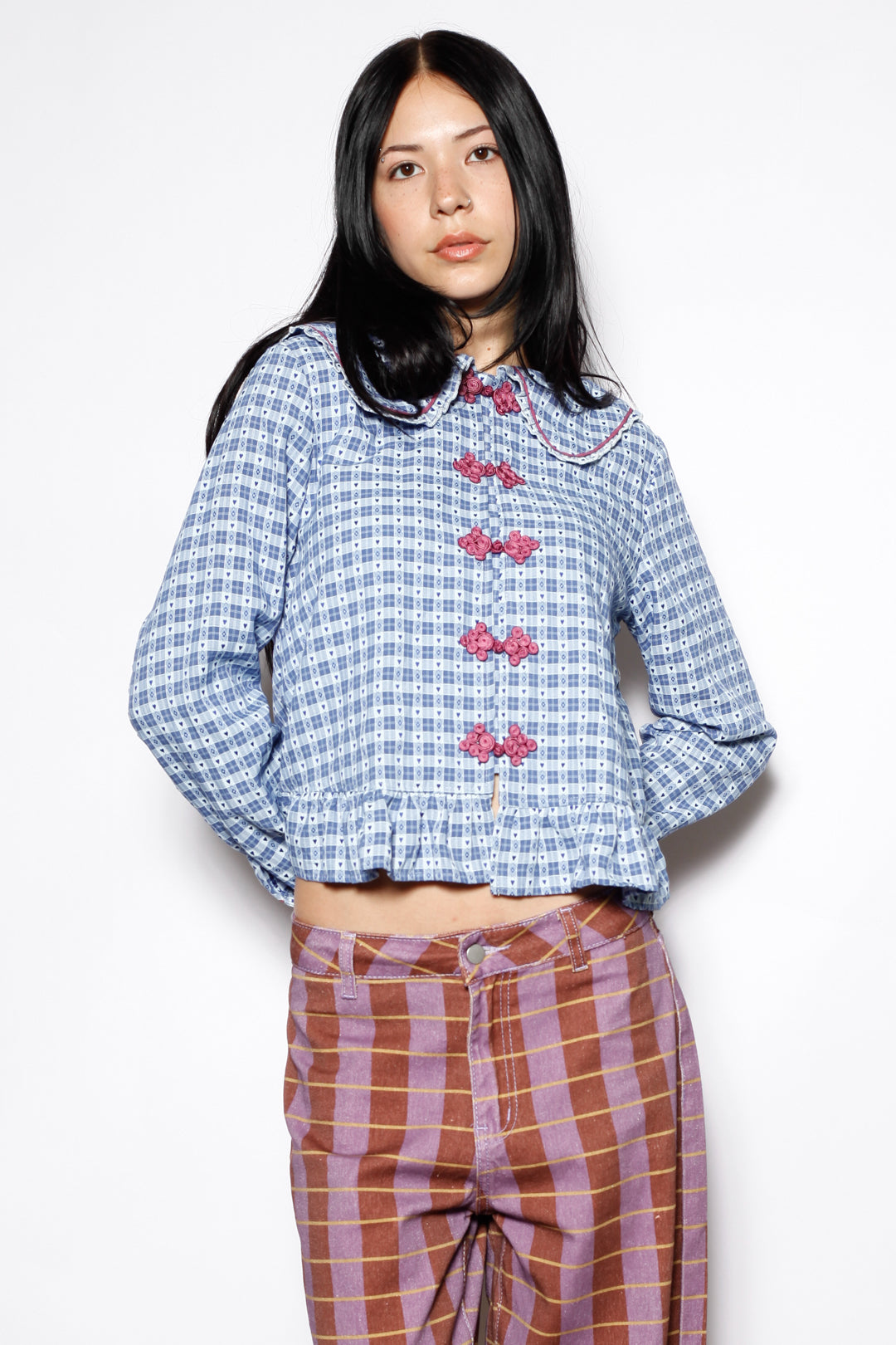Cotton Blue Check Peter Pan Collar Frog Closure Shirt