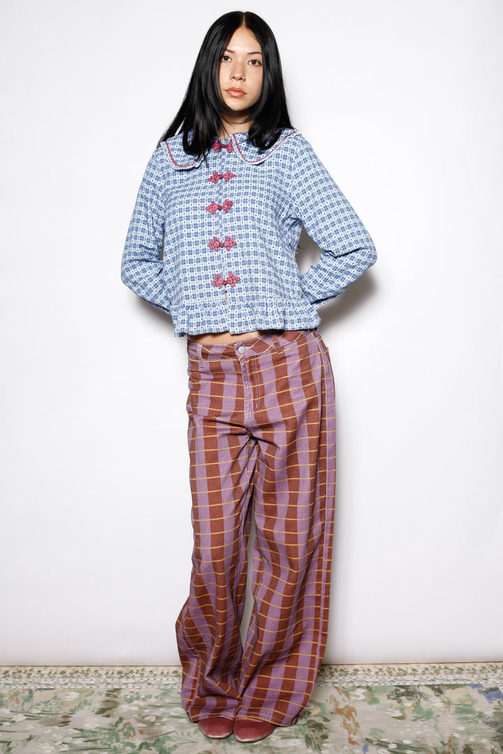 Cotton Blue Check Peter Pan Collar Frog Closure Shirt