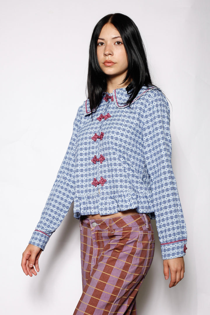 Cotton Blue Check Peter Pan Collar Frog Closure Shirt