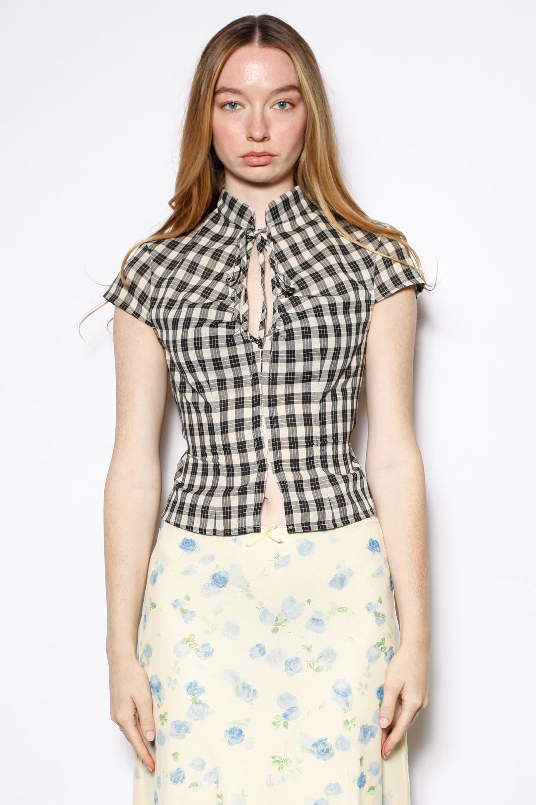 Cotton Black Plaid Tie Waist Qipao Top