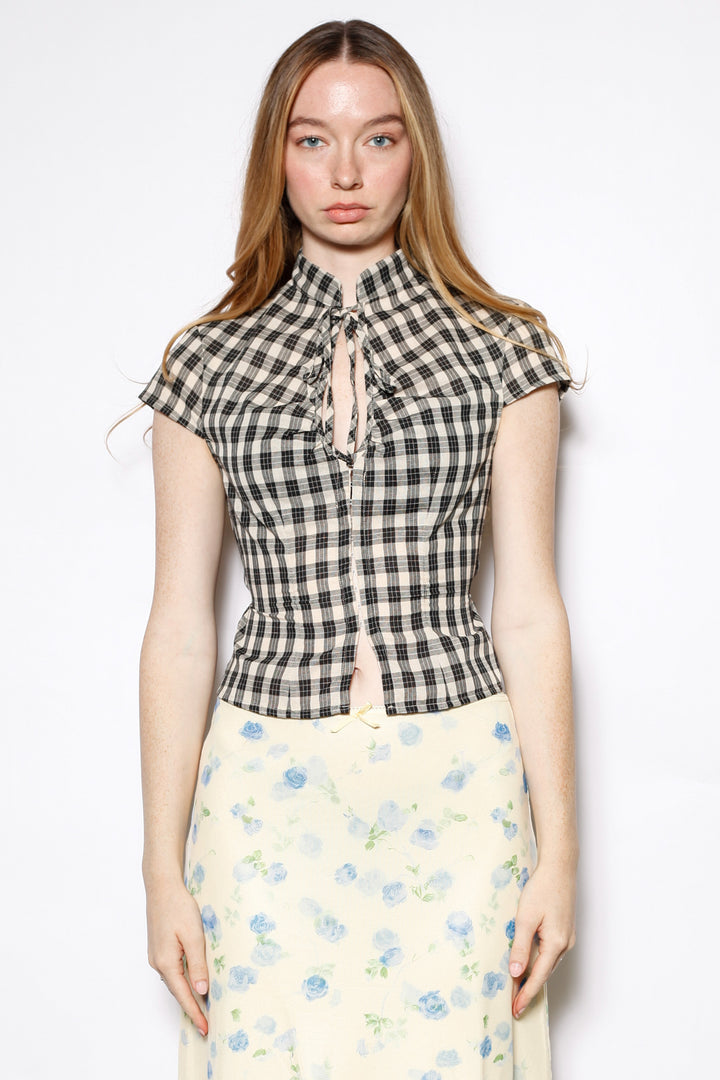 Cotton Black Plaid Tie Waist Qipao Top