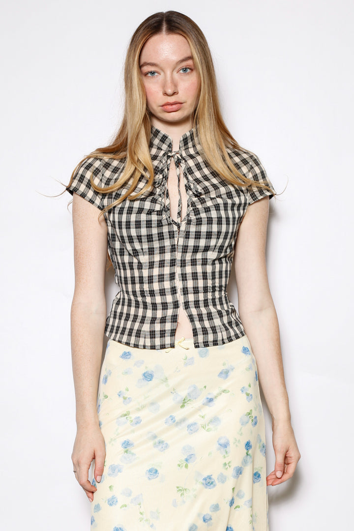 Cotton Black Plaid Tie Waist Qipao Top