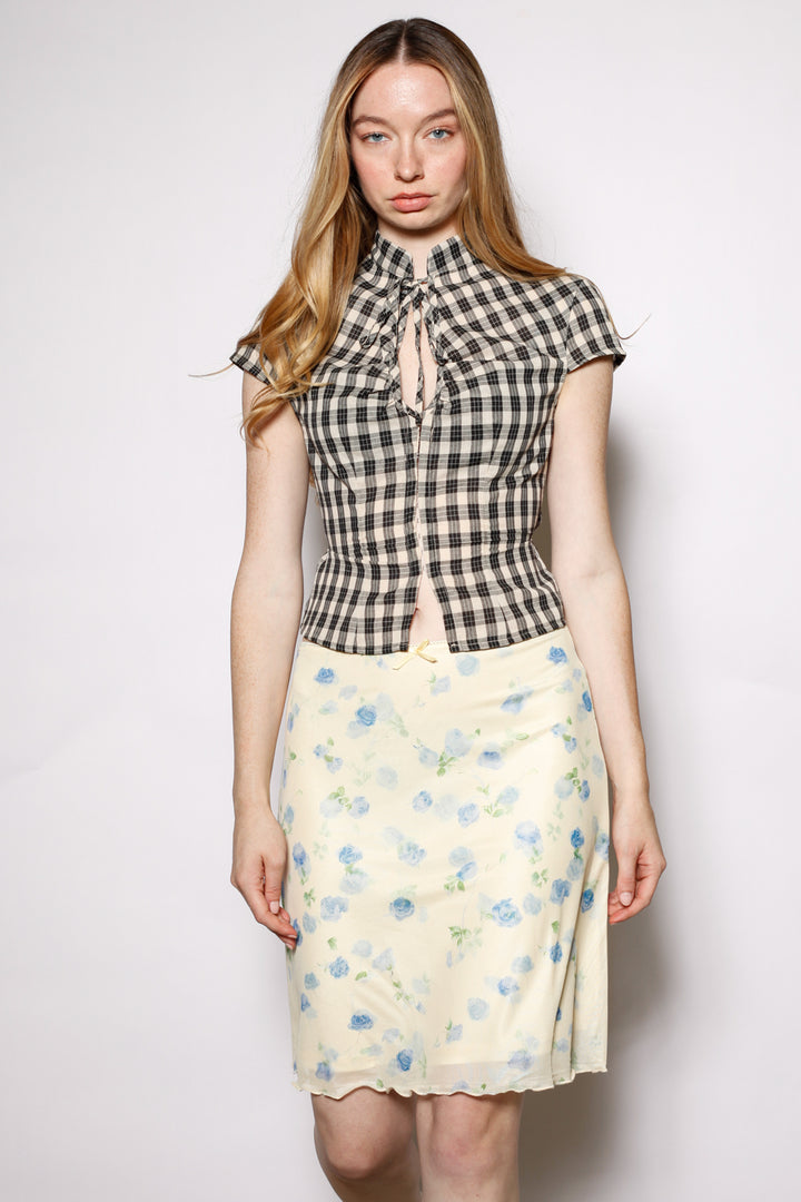 Cotton Black Plaid Tie Waist Qipao Top