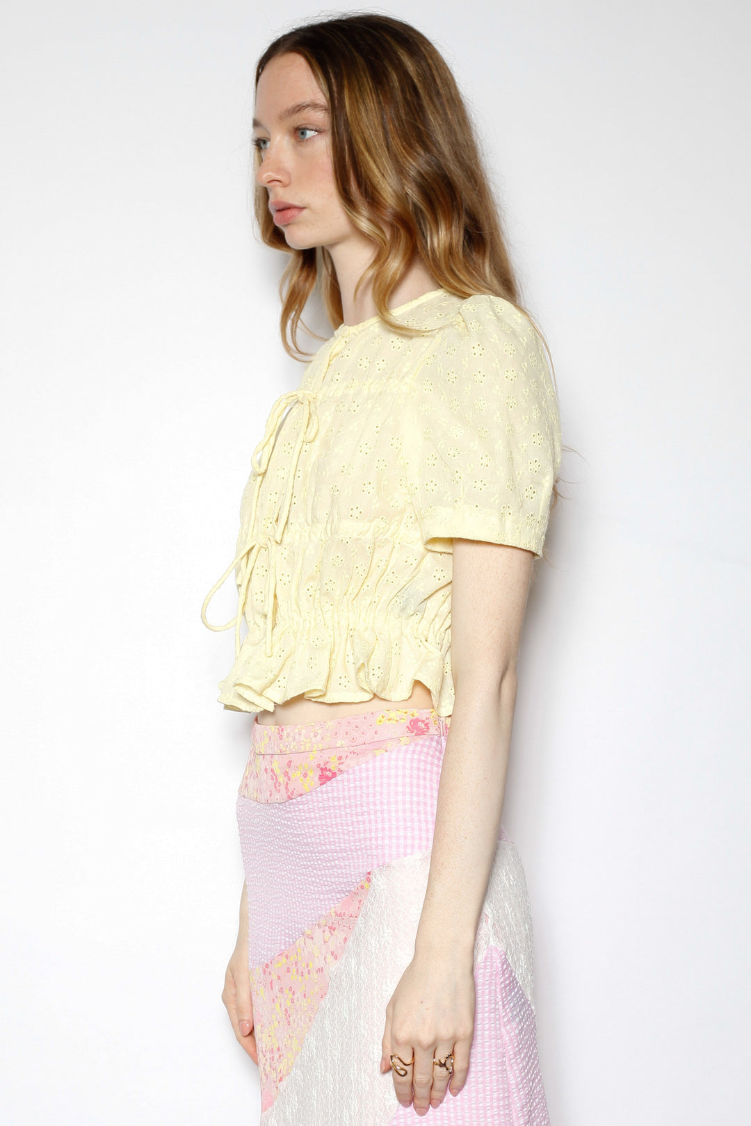 Cotton Yellow Lace Ruching Top