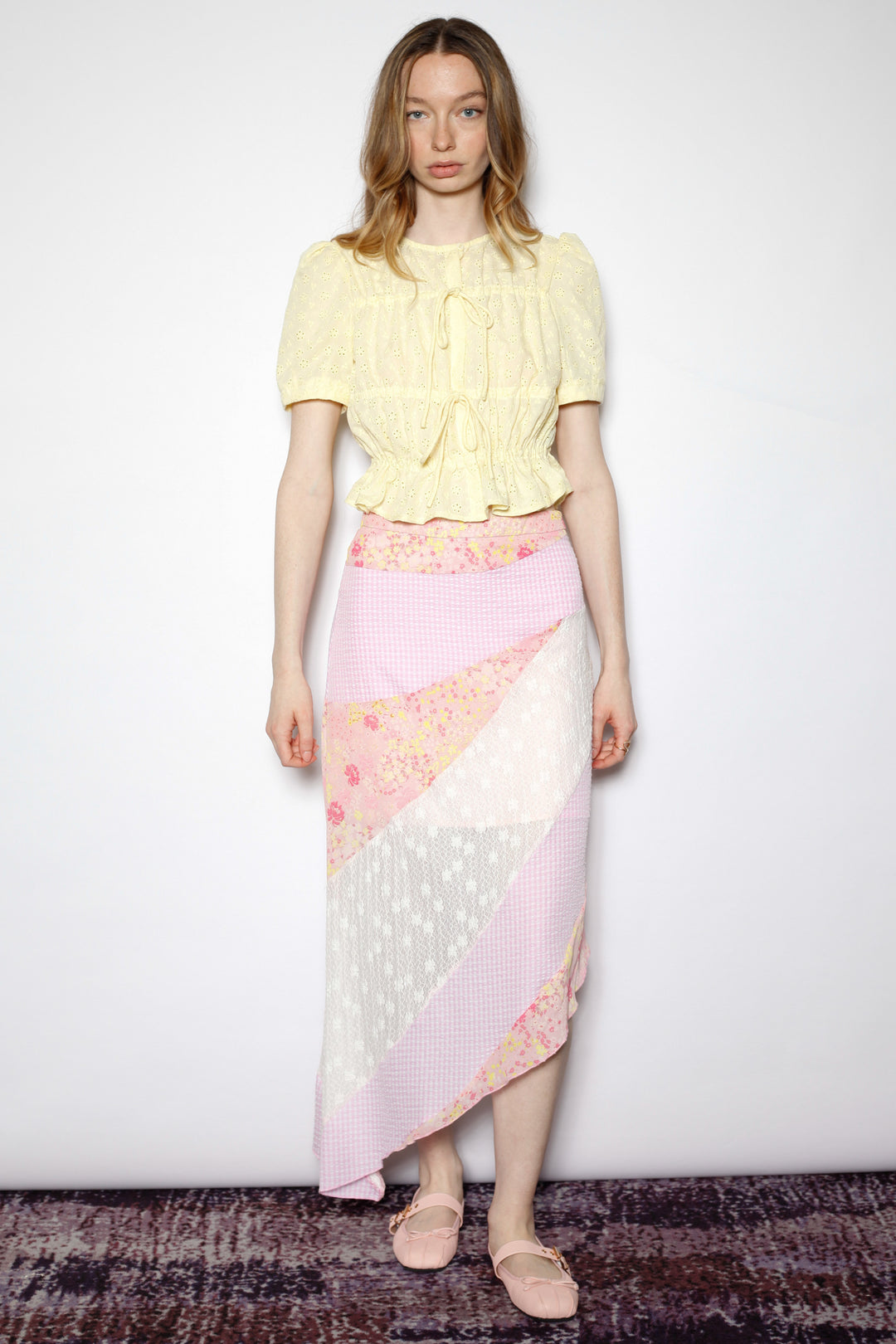 Cotton Yellow Lace Ruching Top