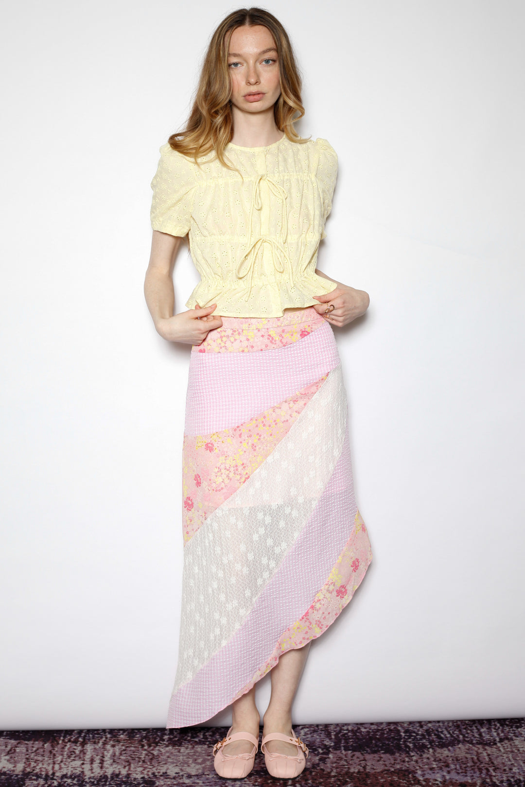 Cotton Yellow Lace Ruching Top