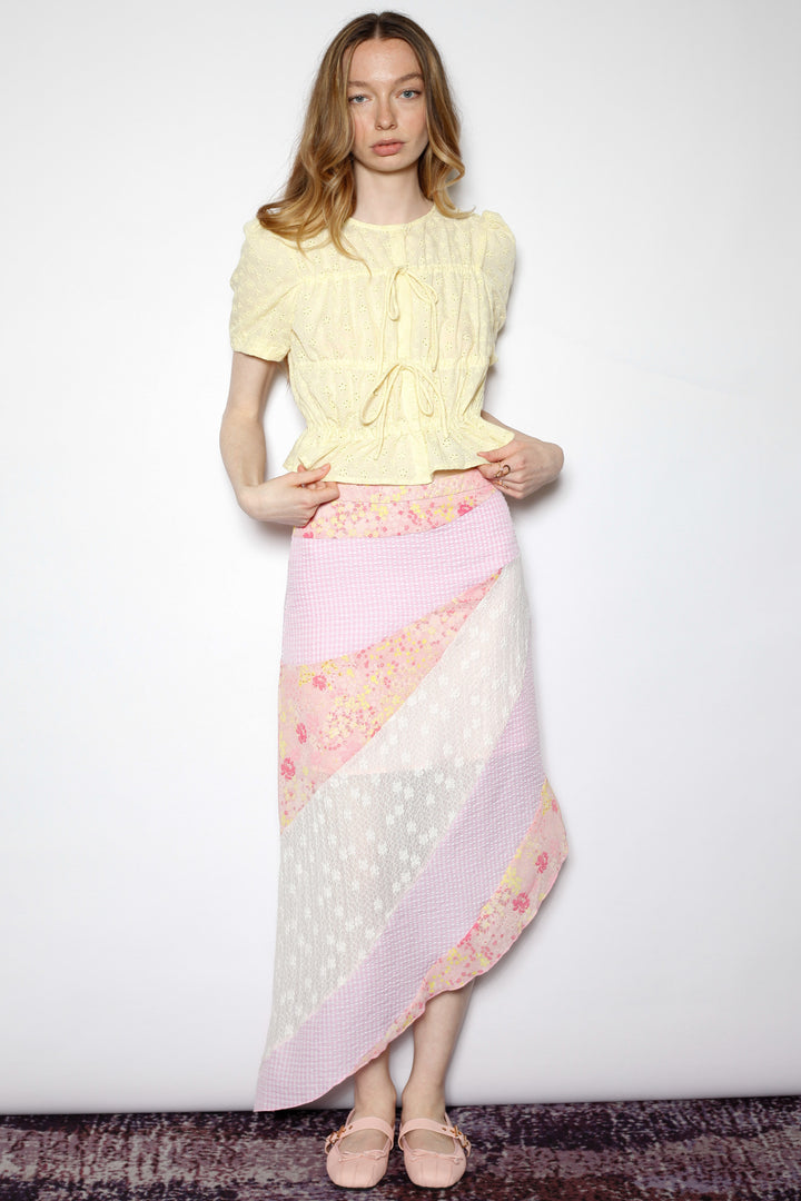 Cotton Yellow Lace Ruching Top