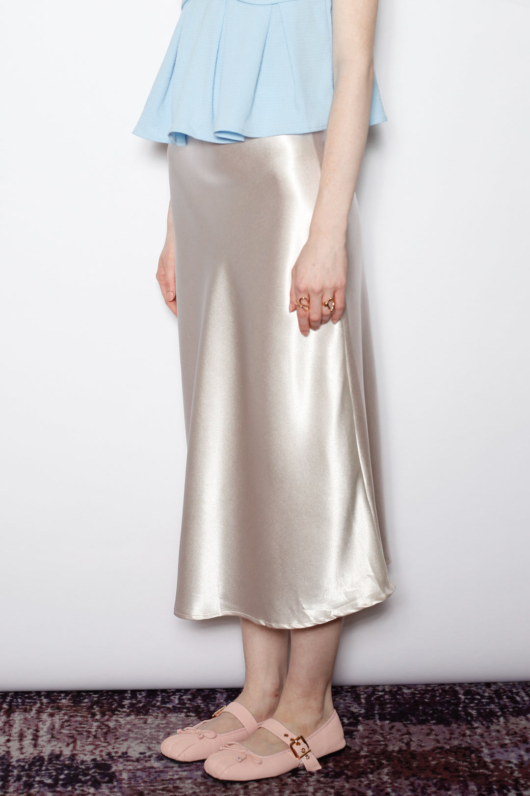 Silk White Satin Midi Skirt