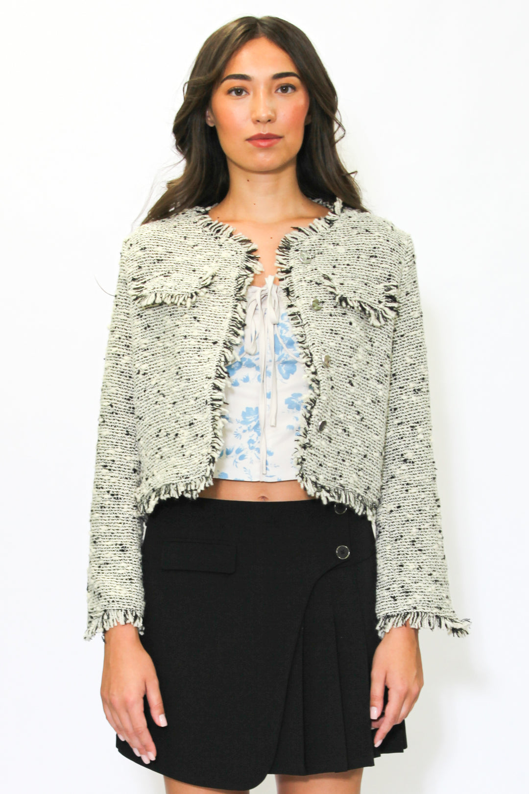 Wool Grey Cropped Tweed Blazer