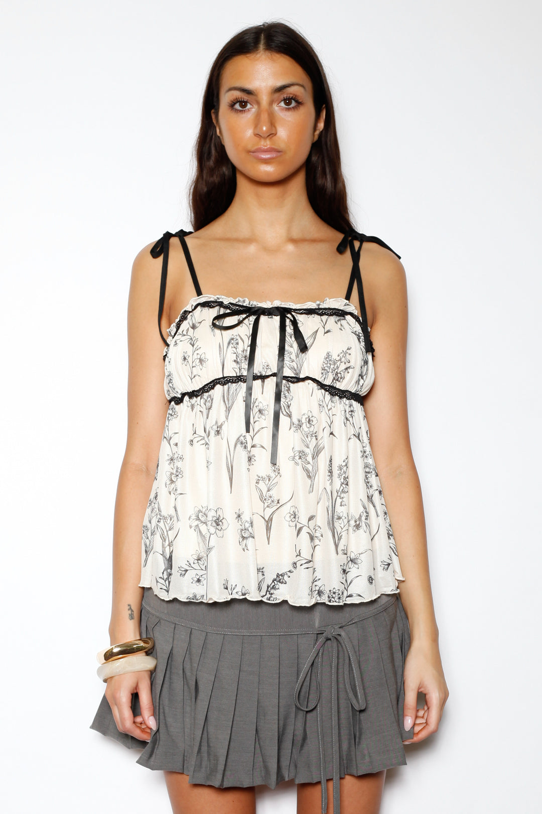 Cotton Floral Printed Mesh Baby Doll Top