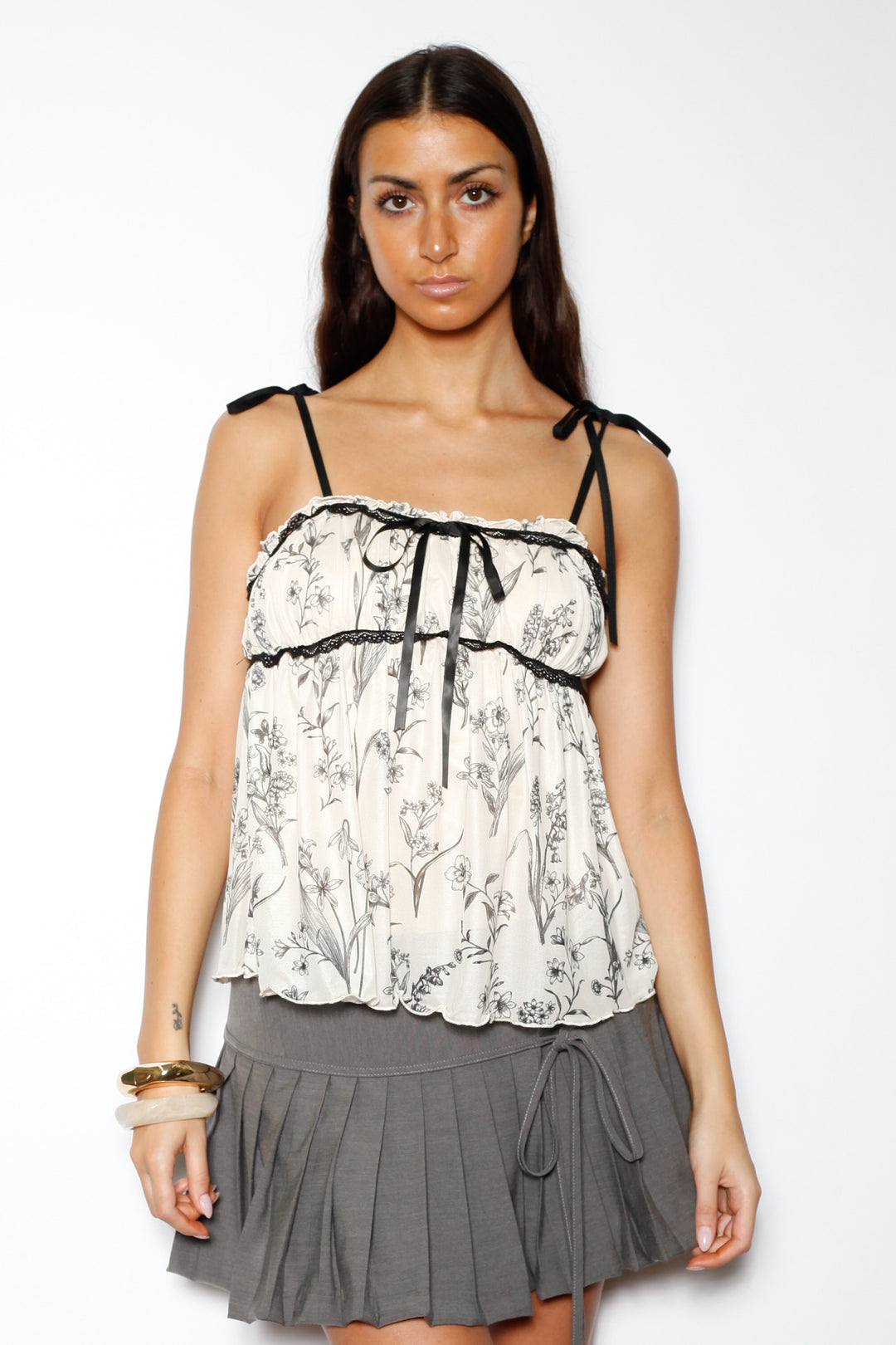 Cotton Floral Printed Mesh Baby Doll Top