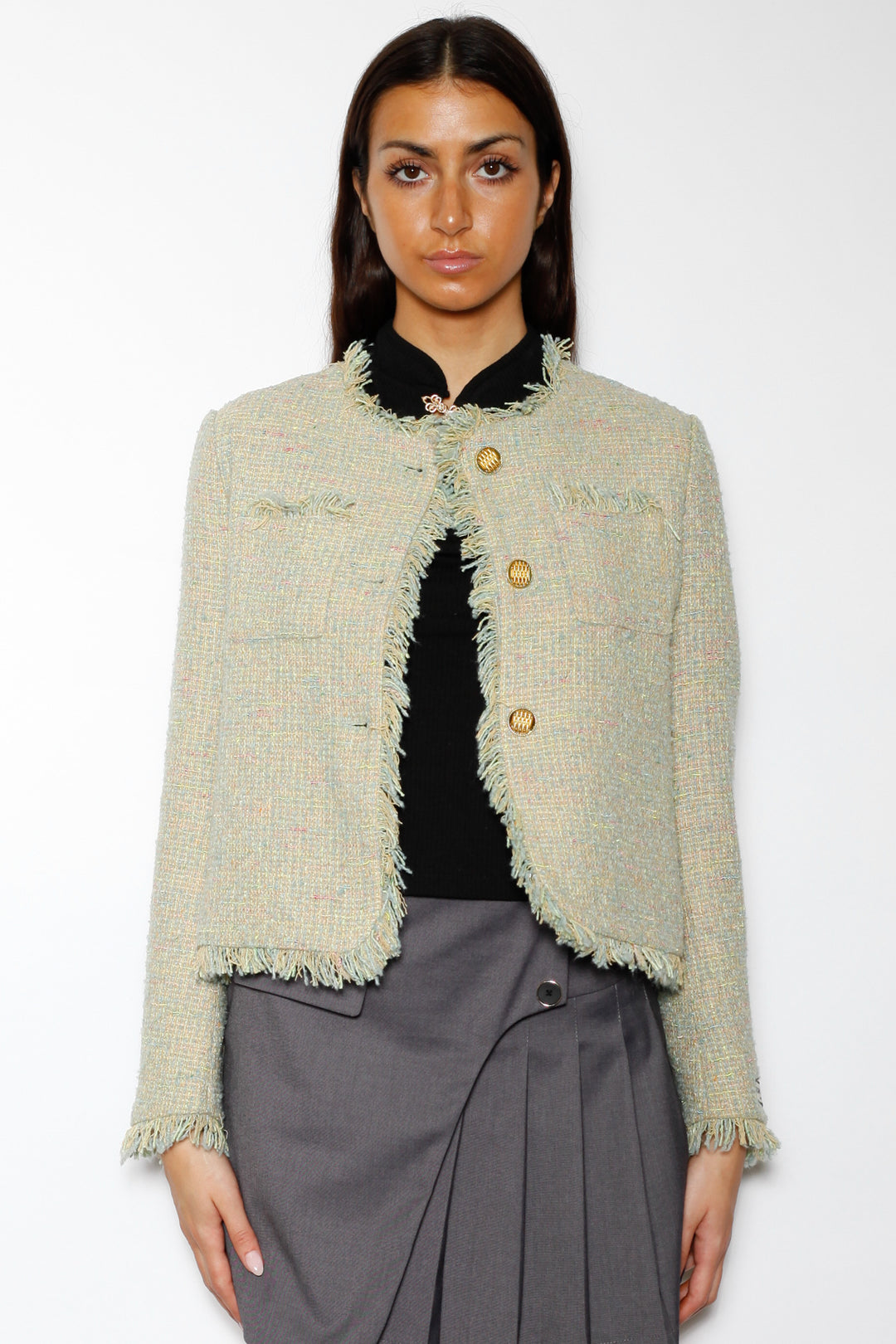 Wool Green Cropped Tweed Blazer