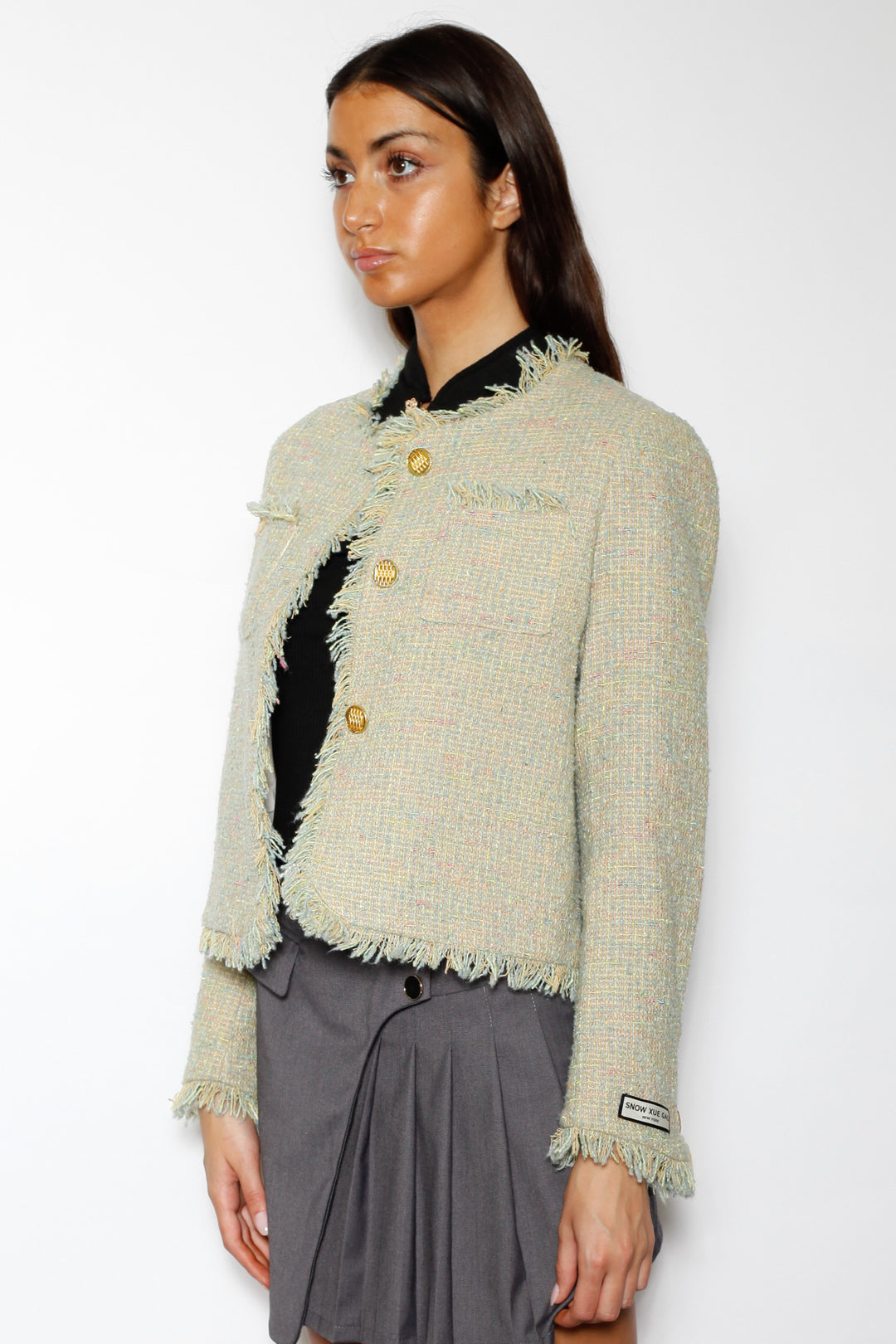 Wool Green Cropped Tweed Blazer