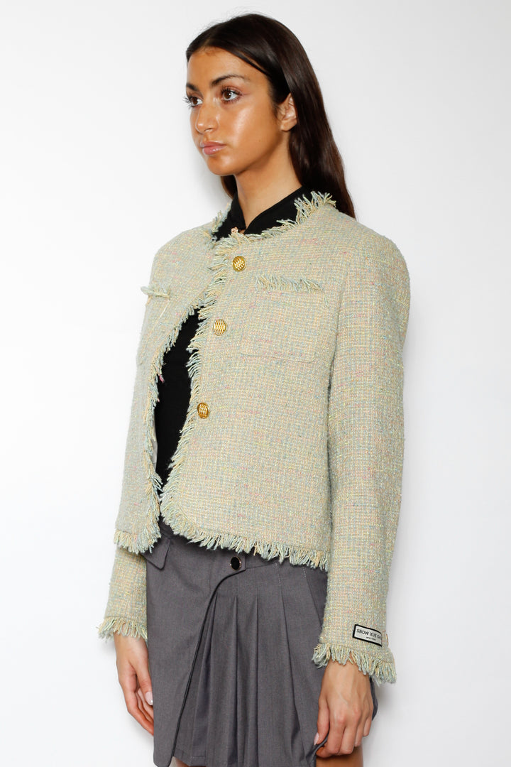 Wool Green Cropped Tweed Blazer