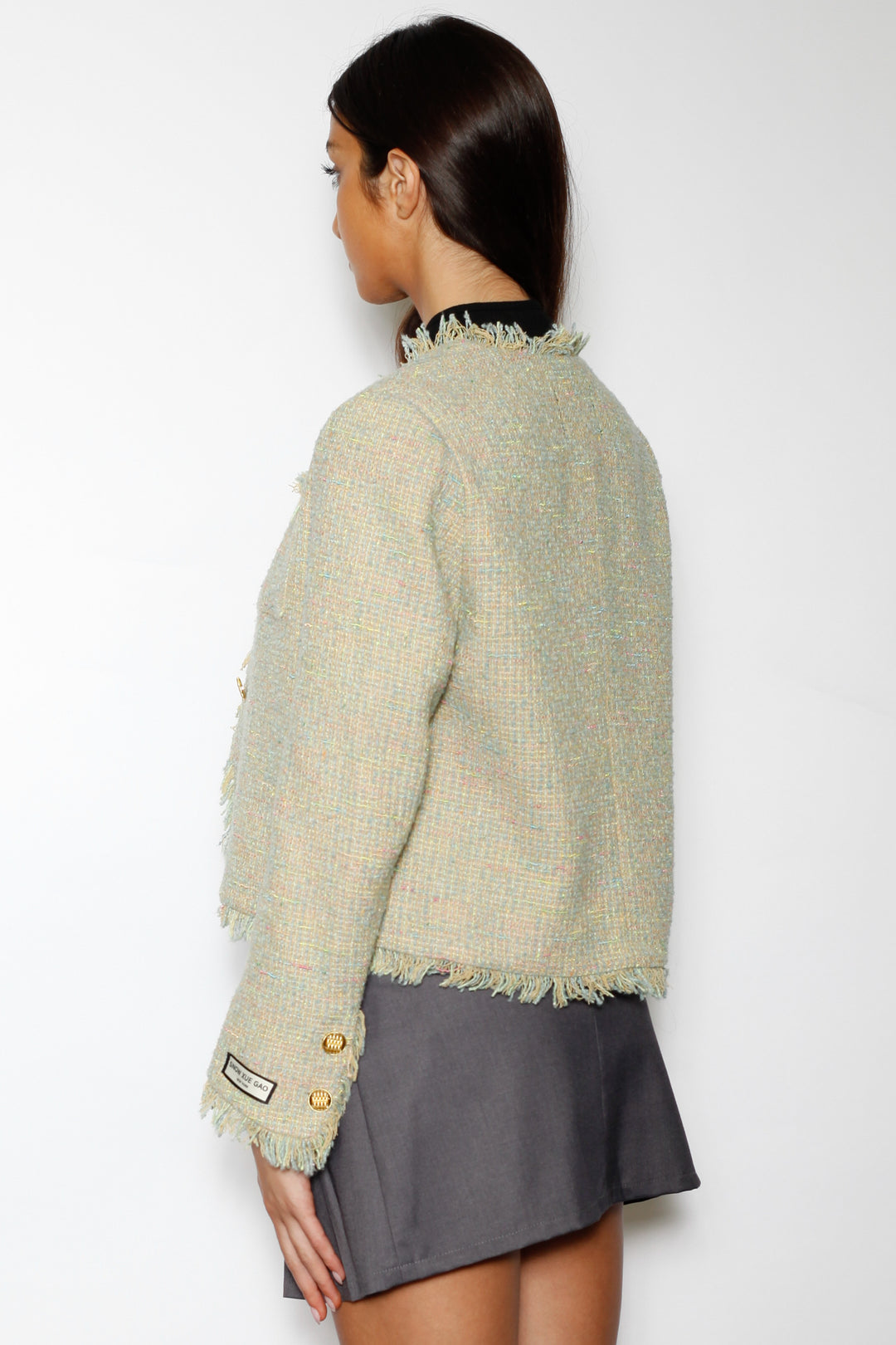 Wool Green Cropped Tweed Blazer