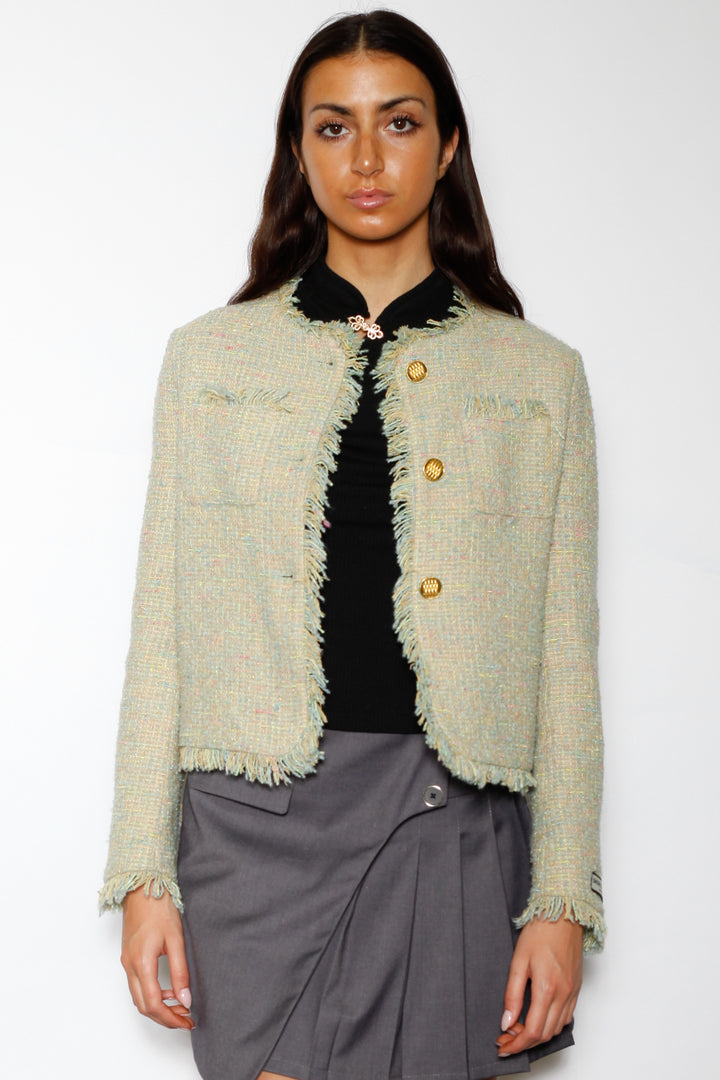 Wool Green Cropped Tweed Blazer