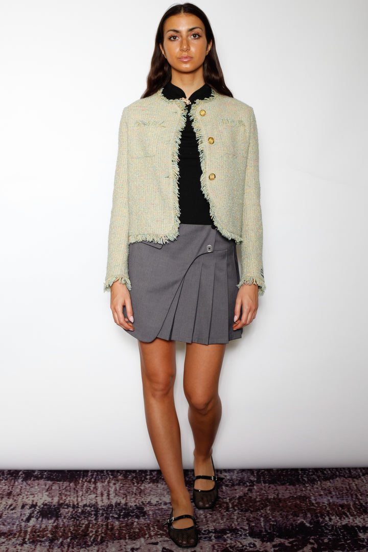 Wool Green Cropped Tweed Blazer
