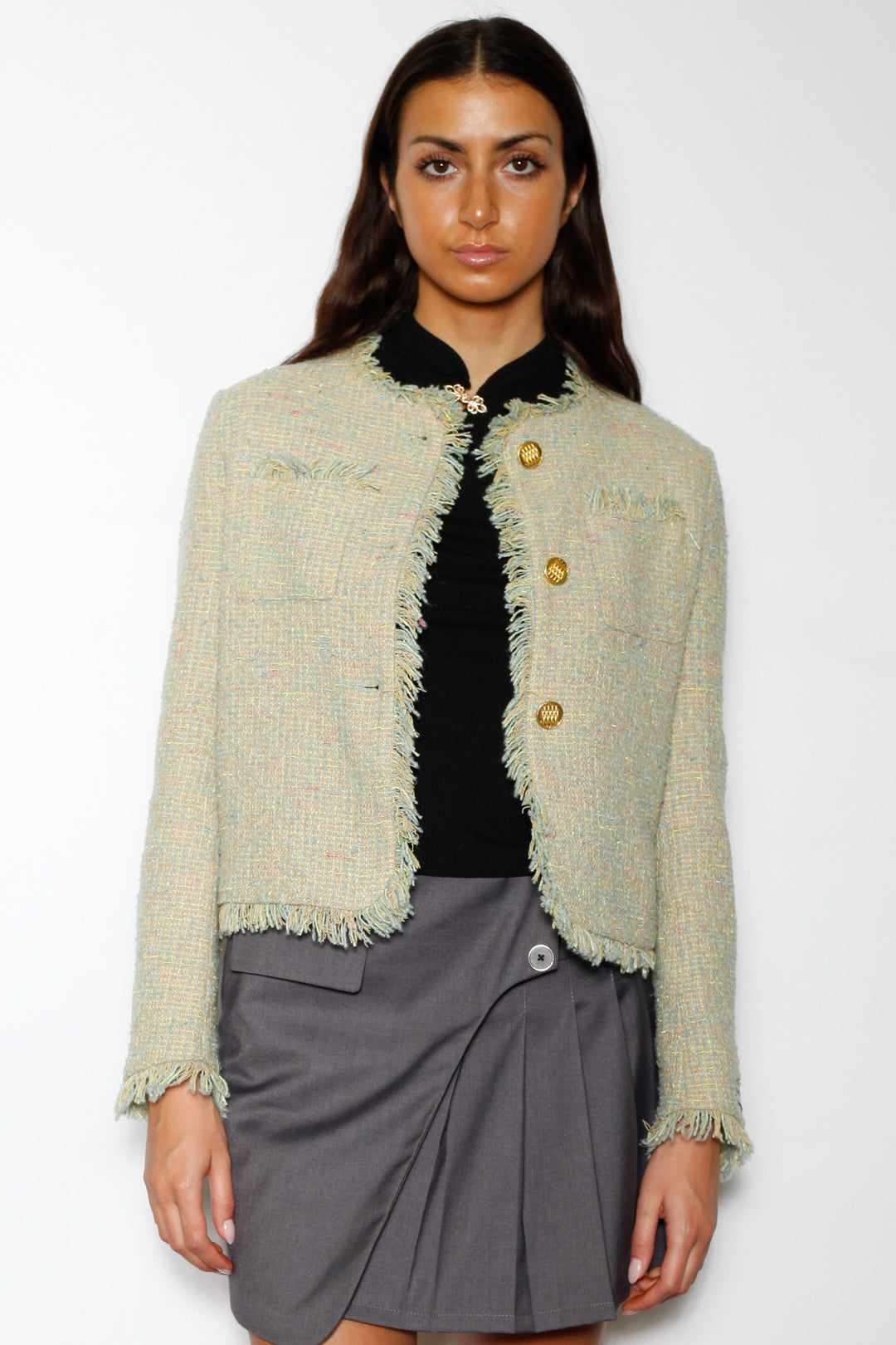 Wool Green Cropped Tweed Blazer