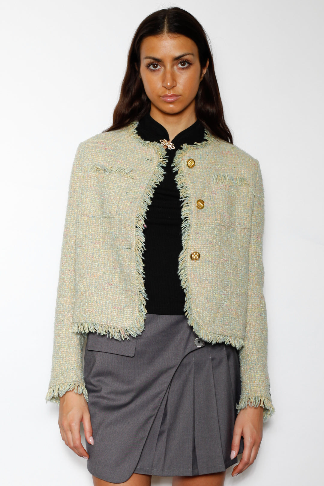 Wool Green Cropped Tweed Blazer