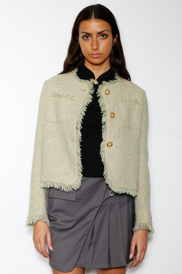 Wool Green Cropped Tweed Blazer