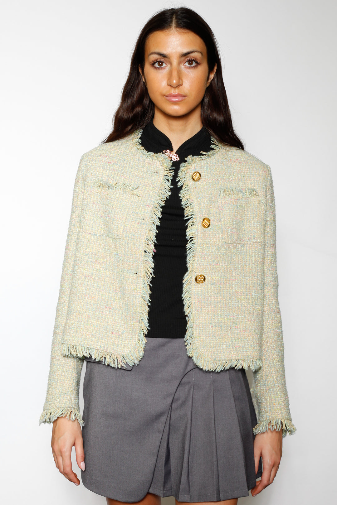 Wool Green Cropped Tweed Blazer