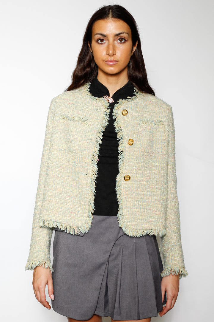 Wool Green Cropped Tweed Blazer