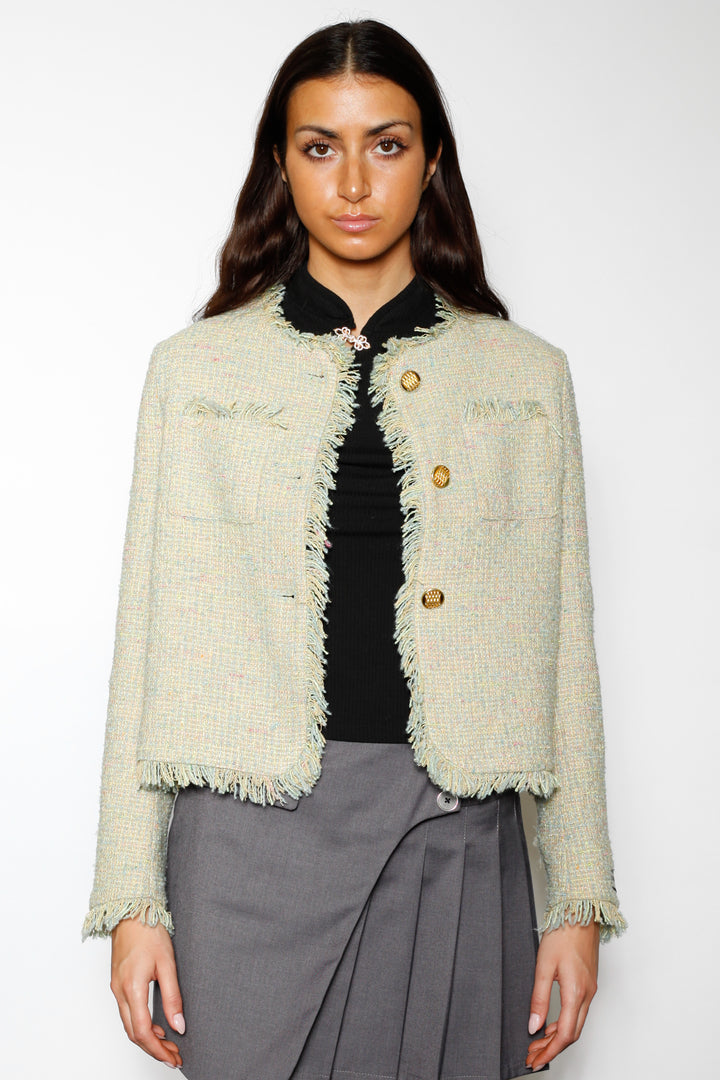 Wool Green Cropped Tweed Blazer