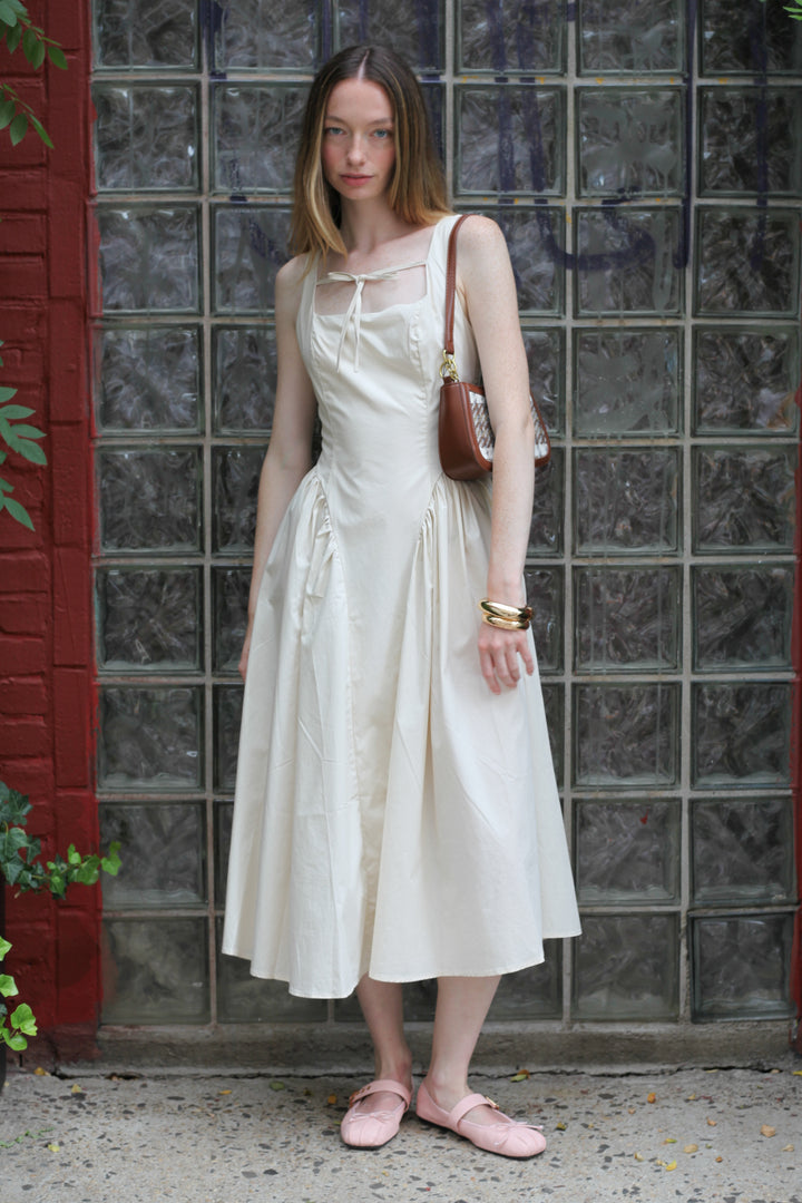 Cotton Beige Bow Tie A-Line Dress
