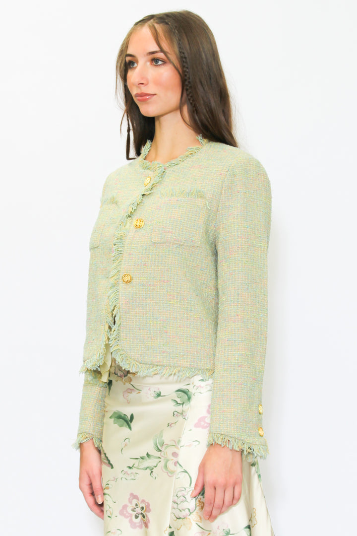 Wool Green Cropped Tweed Blazer