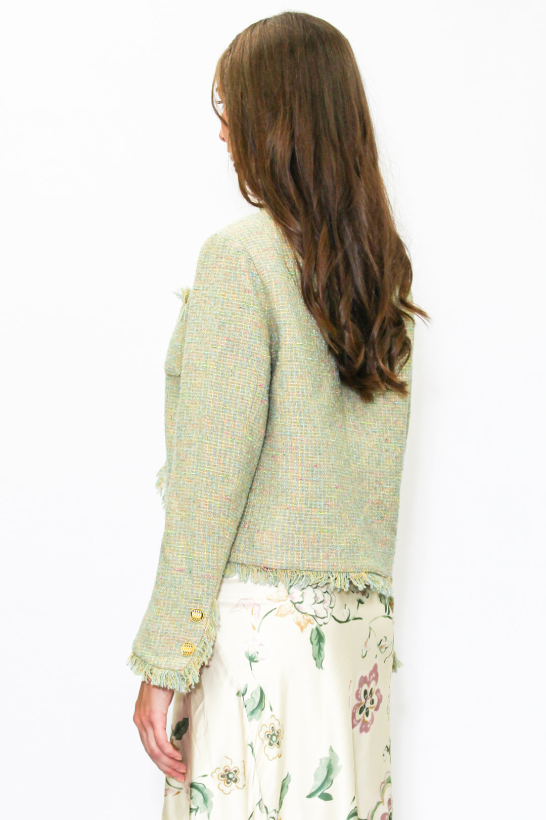 Wool Green Cropped Tweed Blazer