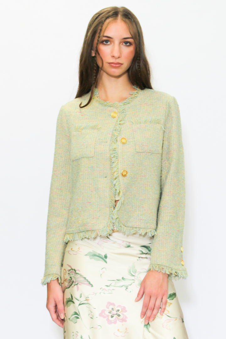 Wool Green Cropped Tweed Blazer