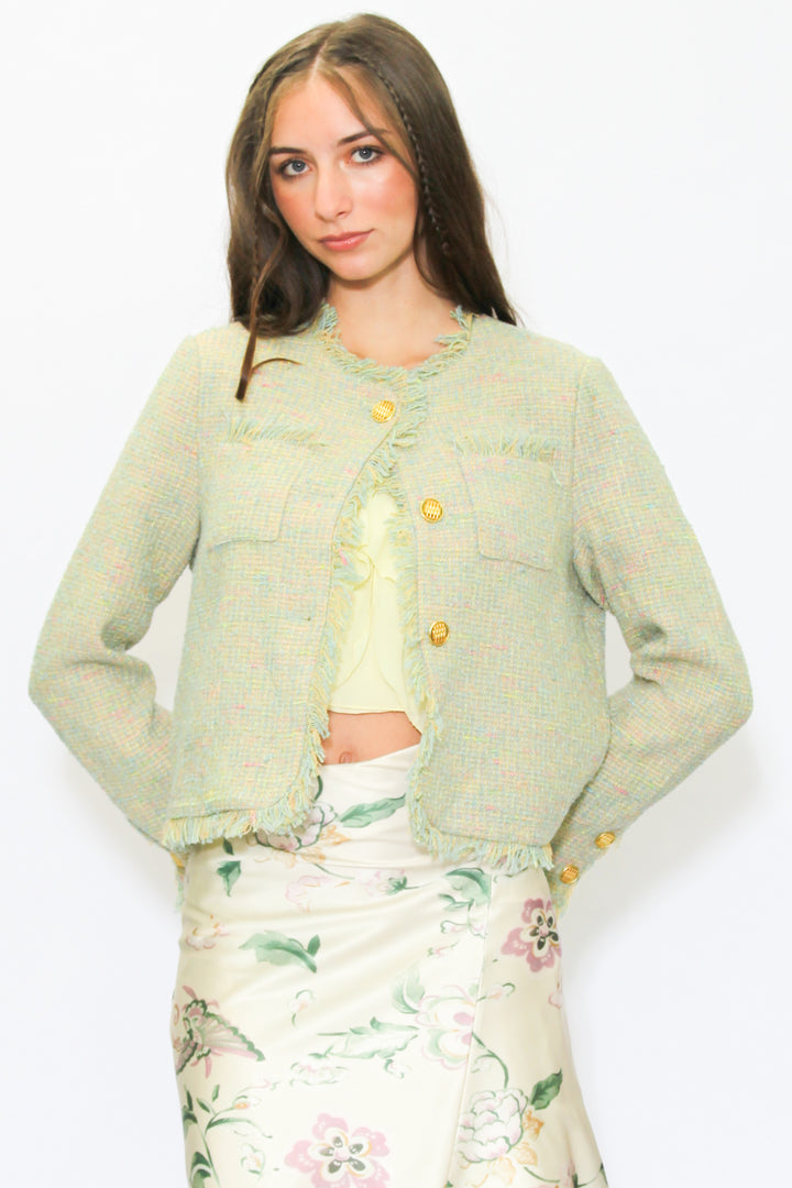 Wool Green Cropped Tweed Blazer