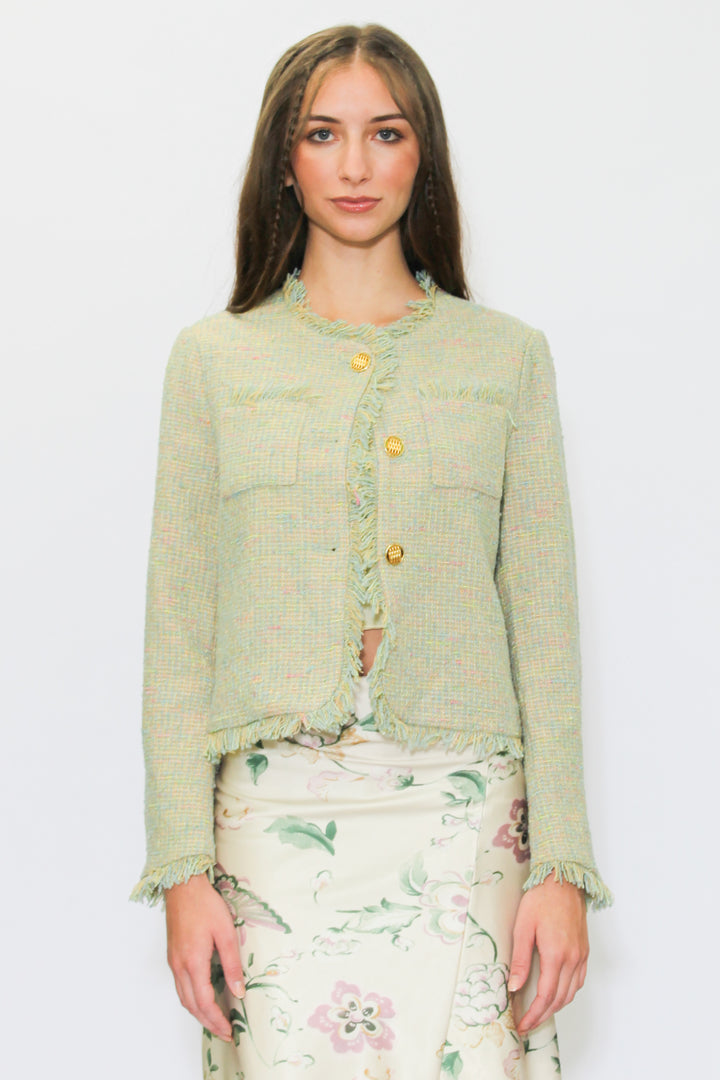 Wool Green Cropped Tweed Blazer