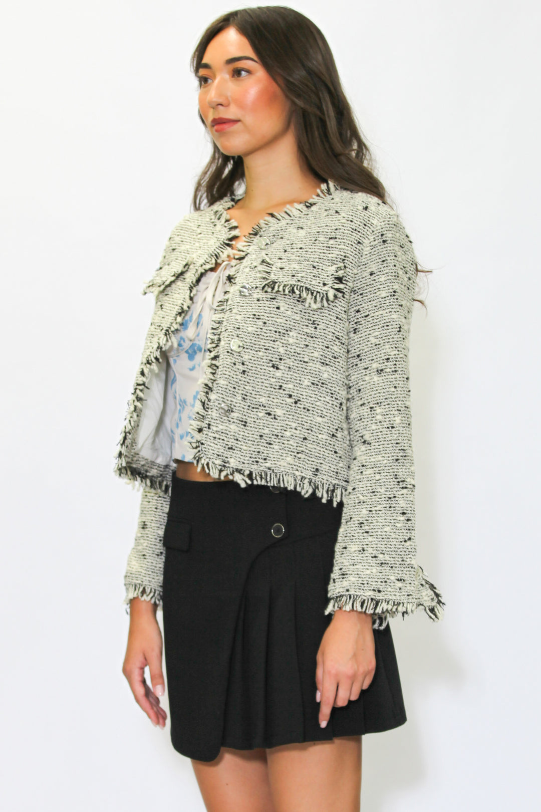 Wool Grey Cropped Tweed Blazer