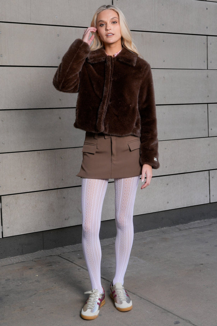 Wool-Blend Brown Faux Fur Short Jacket