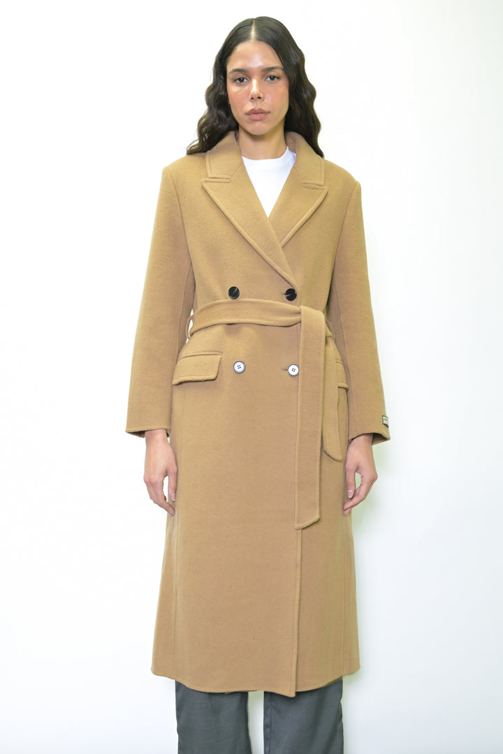 100% Merino Wool Camel Tailored Belted Coat