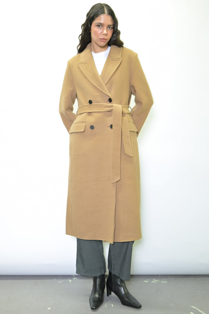 100% Merino Wool Camel Tailored Belted Coat