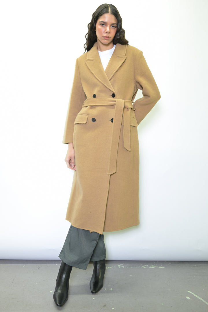 100% Merino Wool Camel Tailored Belted Coat